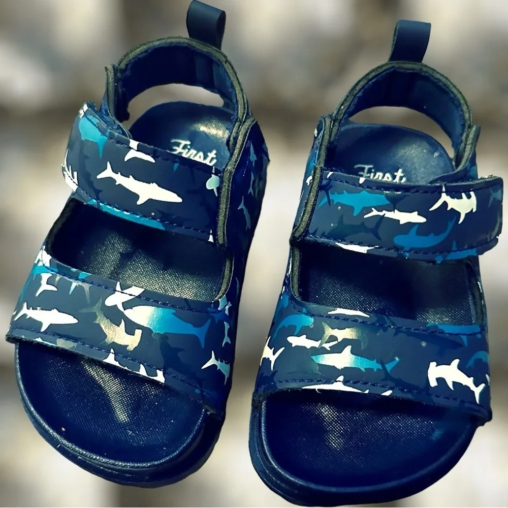 NWOT First Steps by Stepping Stones Navy Blue Shark Camo Print Sandals Size 4